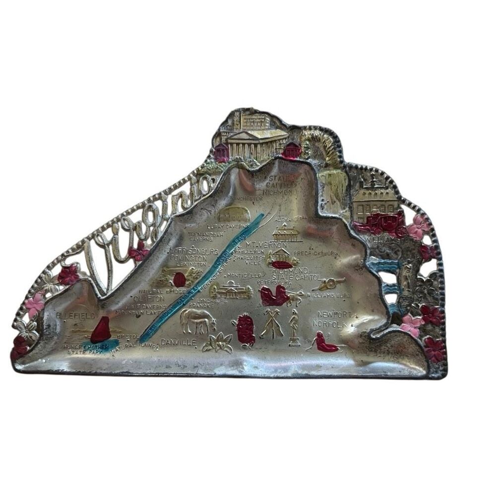 VTG Virginia State Map Souvenir Metal Trinket Dish Ashtray Parksmith Co Japan